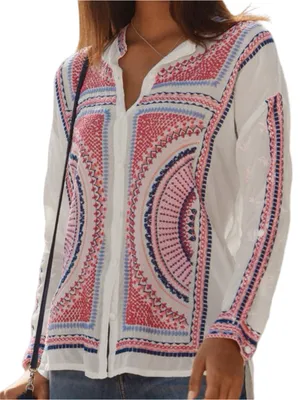 Johnny Was Women’s Size S White Pink Red Blue Embroidery Button Down Blouse thumbnail 3