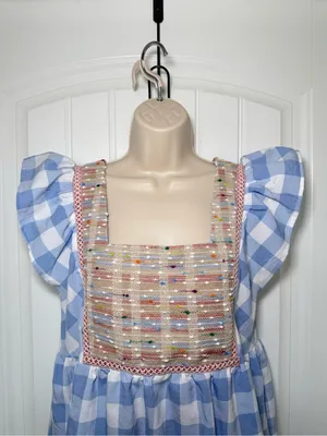 Entro Small Blue Gingham Ruffle Sleeve Beaded Square Neck Babydoll Top Coquette thumbnail 3
