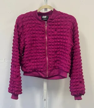 Jolie & Joy Popcorn Texture Cropped Bomber Jacket Magenta Pink Zip Up Medium thumbnail 1
