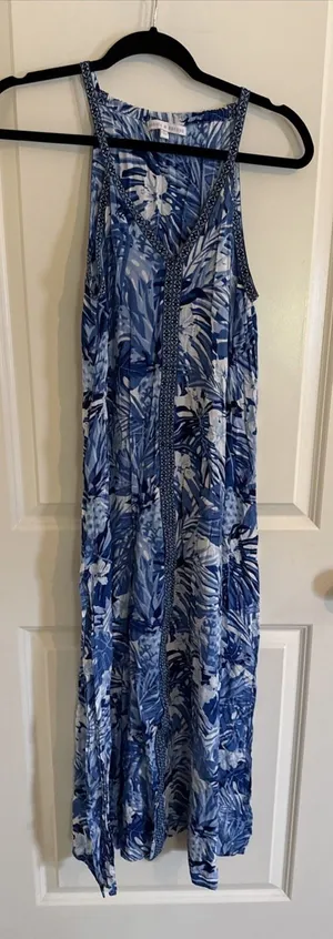 America & Beyond Blue Tropical Pineapple Floral Halter Maxi Dress Womens XS thumbnail 1