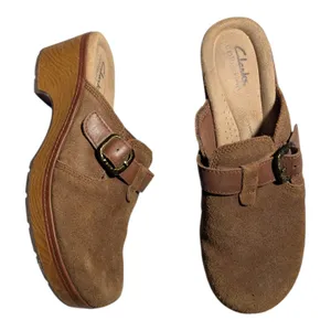 Clarks Paizlee Nora Brown Suede Open Back Wooden Heel Classic Clogs Sz 8.5 thumbnail 1
