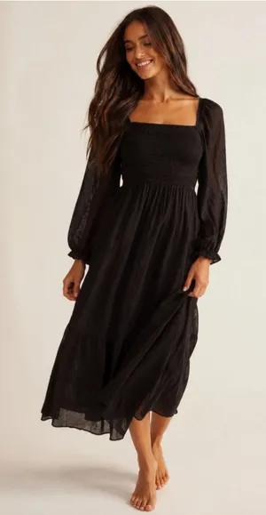 Black Smocked Square Neck Midi Dress Cottagecore Romantic Boho thumbnail 1