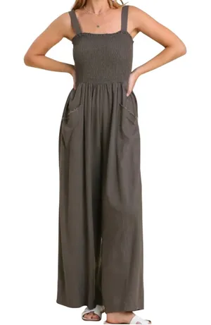 Rustic Rack Wide Leg Jumpsuit Womens Large Gray Smocked Boho Slouchy Lounge‎ thumbnail 1