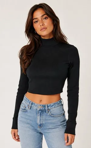 OFFLINE by Aerie Black Ribbed Turtleneck Crop Top Long Sleeve Slim Fit Small thumbnail 1