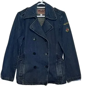 Mudd Jeans Women's Denim Jean Three Button Jacket Buttoned Shoulders‎ Size M Blue Size M thumbnail 1