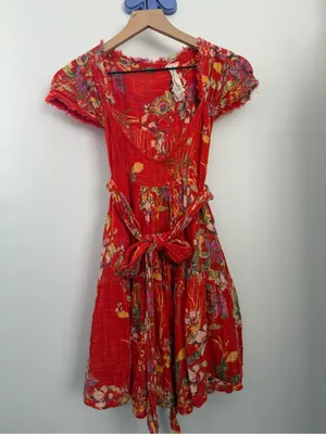 Free People Med Maia Mini Dress Red Gauze Floral Resort Front Wrap Tie Tropical thumbnail 4