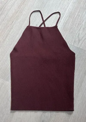Zara Ribbed Strappy Halter Tank - Burgundy thumbnail 1