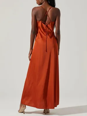 Astr Satin Gaia Midi Dress - Rust Orange thumbnail 2