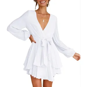 NEW Deep V-Neck Long Sleeve Belted Ruffle Mini Swing Dress S thumbnail 6