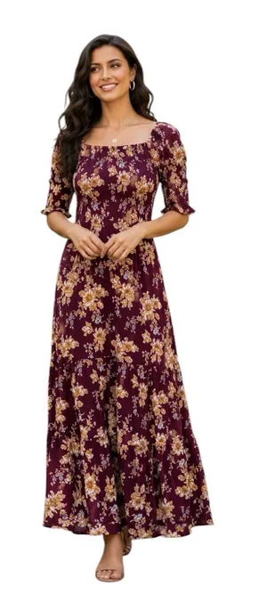 Natural Life - Burgundy Floral Maxi DressBoho Smocked Rayon Midi Maxi Sz XS/S thumbnail 1
