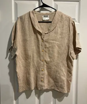 FLAX short-sleeve linen button-up blouse shirt sz M beige minimalist thumbnail 1