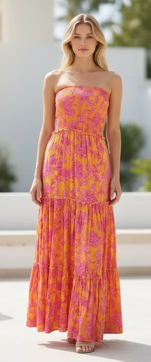 Abel The Label ATL‎ Strapless Tiered Maxi Dress Smocked Bodice Floral Hippie thumbnail 1