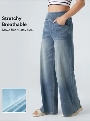 Halara Flex Wide Leg Jeans L Blue Pull On High Waisted Stretch Denim thumbnail 3