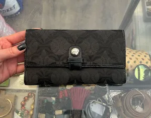 Coach Black Signature Jacquard Long Wallet Snap Flap Checkbook Style thumbnail 1