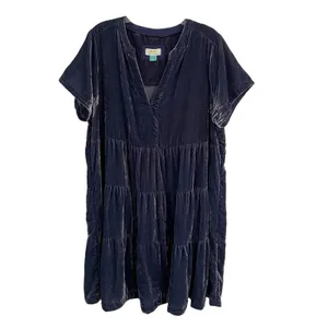 Anthropologie Maeve Harper Crushed‎ Velvet Dress Women's 1X Blue Teired Babydoll thumbnail 2