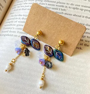 Handmade quality Czech glass beads flowers & leaves & natural shell pearls dangle earrings💜🤍🍃 thumbnail 2