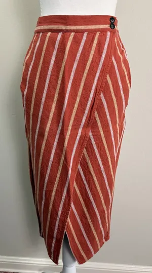 Madewell Rust Orange Striped Linen‎ Blend Faux Wrap Midi Skirt with Pockets XS thumbnail 1