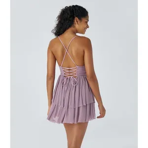 Halara Ruffle Mesh Mini Dress Womens L Lavender Corset Back Tiered V-Neck NWT thumbnail 2