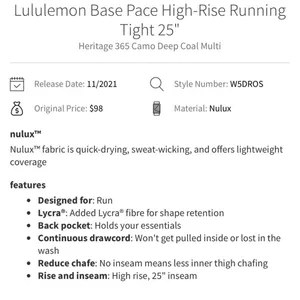 Lululemon Base Pace High-Rise Running Tight 25" in Heritage 365 Camo Deep Coal M thumbnail 7