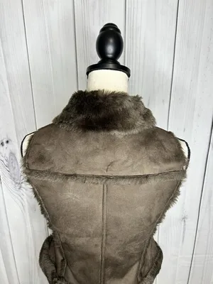 Bebe Faux Fur Suede Vest Womens Sz XS Brown Full Zip Vintage thumbnail 6