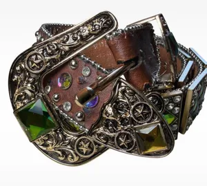 West Star Texas Brown Leather Rhinestone Belt Chameleon Crystals Y2K Cowboy Core 41 inches thumbnail 1