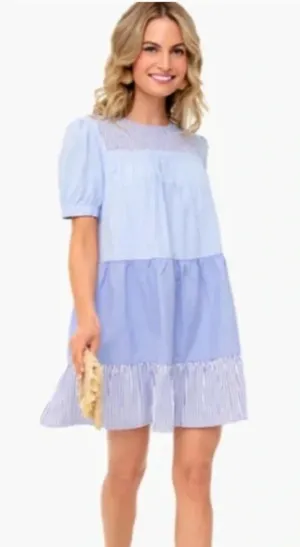 TUCKERNUCK Pomander Place Quinn Blue Striped Tiered Mini Dress, Size L thumbnail 1