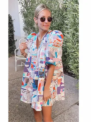 HUNTER BELL Tuckernuck Jenkins Mini Dress Patchwork Print Cotton Puff Sleeve thumbnail 3