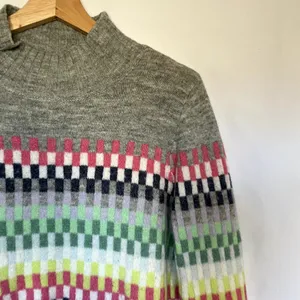 LOFT gray wool blend colorful‎ center stripe women's size L turtleneck sweater thumbnail 2