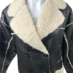 Nasty Gal Black Vegan Faux Leather Fleece Double Breasted Aviator Coat Jacket 4 thumbnail 3