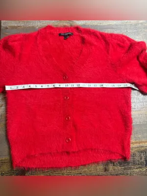 French Connection Fluffy Eyelash V-Neck Button Cardigan - Red thumbnail 7