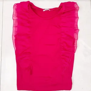 NEW Celebrity Hot Pink Ruffle Flutter Sleeve Top Fuchsia Organza LARGE thumbnail 4