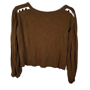Free People Brown Cropped Shirt with‎ Colorful Design at neck size XS Boho thumbnail 2