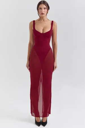 House of CB Robina Wine Stretch Mesh Maxi Dress thumbnail 3