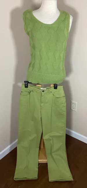 Talbots Apple Green Monochrome Set Diamond Textured Knit Shell and Petite Stretc thumbnail 1