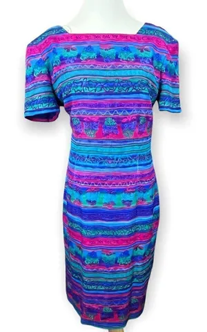 Vintage Liz Claiborne Abstract Floral/ Stripe Pattern Silk Sheath Dress 10 thumbnail 1