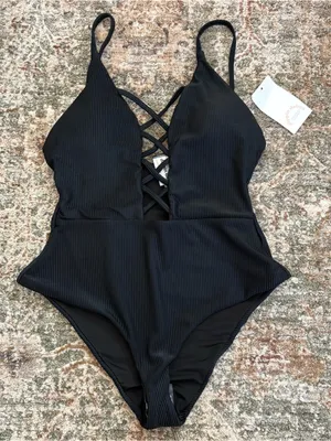Anthropologie Dippin Daisys Bliss Ribbed One Piece Black Swimsuit Medium thumbnail 2