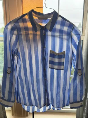 Soft Surroundings Light Blue and White Vertical Stripe Button-Down Shirt thumbnail 1