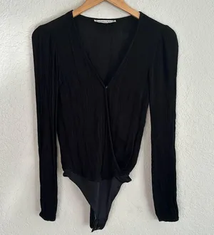 Abercrombie & Fitch Black Gauzy Crinkly Bodysuit Thong Long Sleeve Date Night XS thumbnail 1
