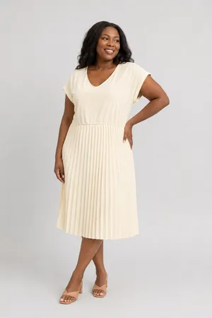 Title: Elizabeth & Nicole Women’s XL Ivory Pleated Midi Dress Short Sleeve thumbnail 4