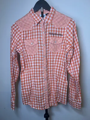 Harley Davidson Orange Gingham Snap Shirt‎ Embroidered Back Small thumbnail 1