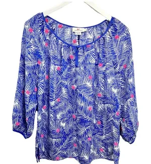 Vineyard Vines Silk Blouse Top Blue Pink Palm Print Long‎ Sleeve S Embroidered thumbnail 1