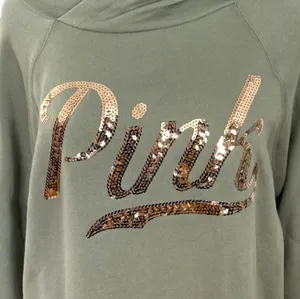 PINK - Victoria's Secret pullover olive green hooded hoodie gold sequin sweatshirt L thumbnail 1