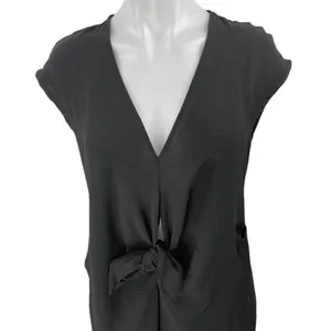 Zara Black Short Cap Sleeve Pocket Deep V Neck Tie Front Wrap Midi Dress Size M thumbnail 3