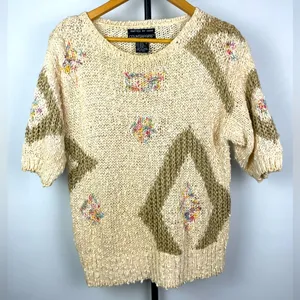 Vintage Counterparts Cream Green Hand Knit Short Sleeve Sweater Top‎ thumbnail 1