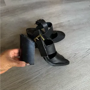 Women’s Black Faux Leather Platform Ankle Strap Heels thumbnail 2