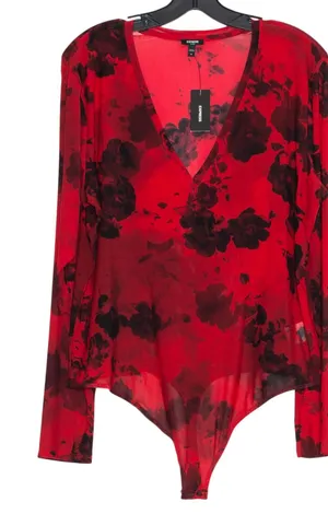 NWT Express Mesh Sheer Floral Bodysuit Red Black XL Fitted Y2K Grunge Going Out thumbnail 1