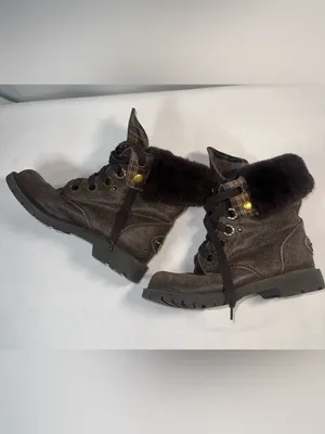 BEARPAW Kayla Women 7 Brown Suede Shearling Fur Cuff Lace Up Plaid Winter Boots thumbnail 4