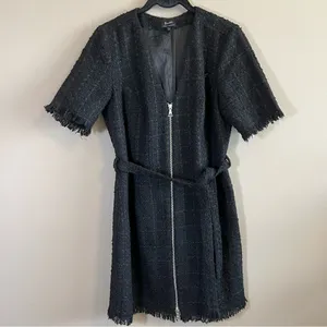 ✨ Bardot Boucle Tweed Zip Front Frayed Hem Dress‎ Medium 8 Black thumbnail 3