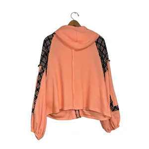POL Womens Peach Waffle Knit Plaid Flannel Trim Zip Up Hoodie MFT584 Orange M thumbnail 3