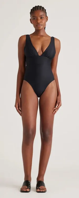 NWT Quince Italian Plunge One-Piece Swimsuit in black women's xs basic beach thumbnail 1
